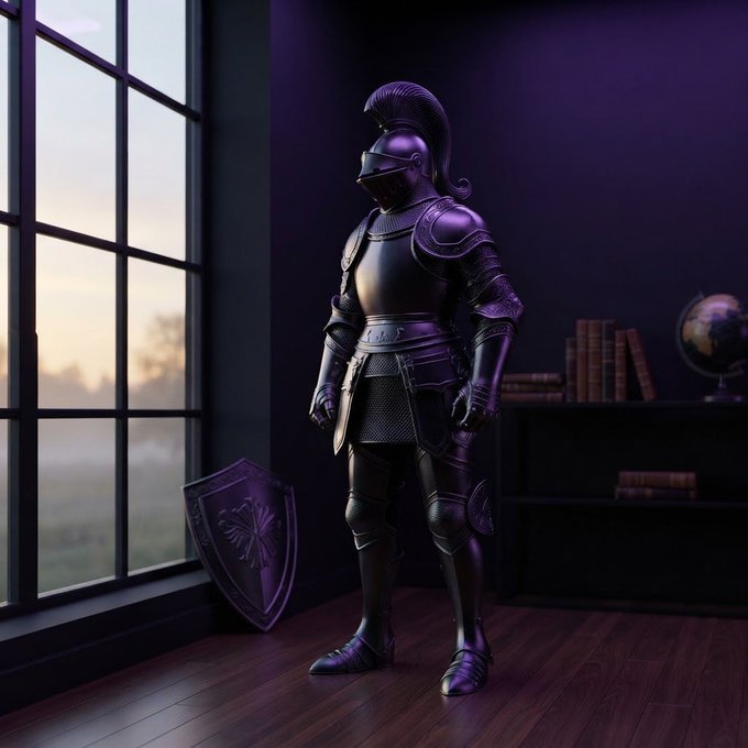 A 3D render shows a suit of dark purple, metallic knight armor standing on a wooden floor in a dimly lit room, with a shield leaning against the wall nearby.