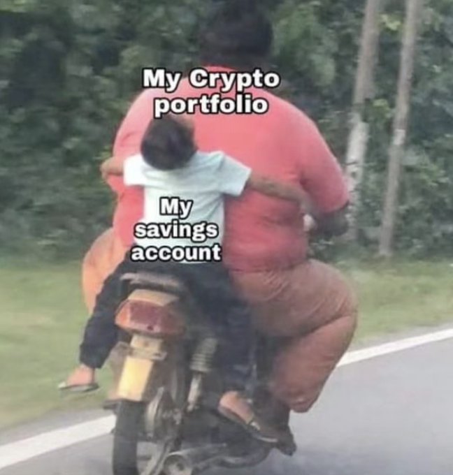A meme showing two people on a motorcycle with text labeling the larger person 'My Crypto portfolio' and the smaller person clinging to them 'My savings account'.