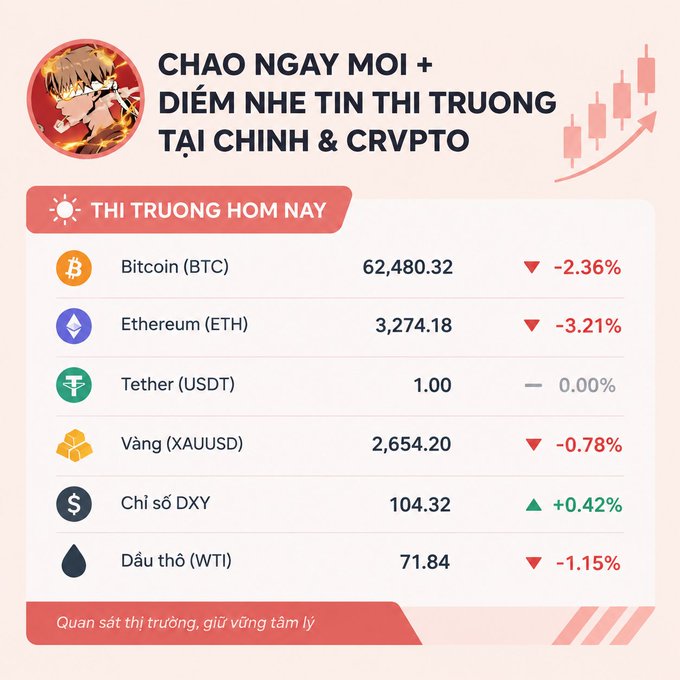 A Vietnamese financial market infographic titled 'CHAO NGAY MOI + ĐIỂM NHẸ TIN THỊ TRƯỜNG TÀI CHÍNH & CRYPTO' showing prices and changes for Bitcoin (BTC) at 62,480.32 (-2.36%), Ethereum (ETH) at 3,274.18 (-3.21%), Tether (USDT) at 1.00, Gold (XAUUSD) at 2,654.20 (-0.78%), DXY Index at 104.32 (+0.42%), and WTI Crude Oil at 71.84 (-1.15%).