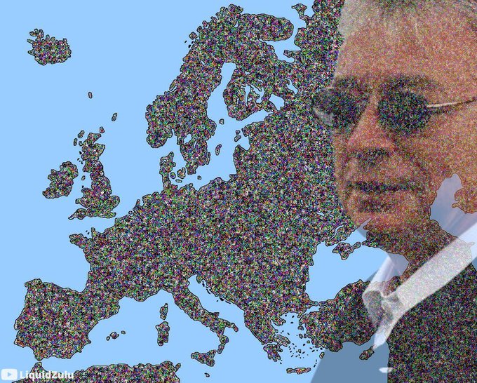 A Liquid Zulu map of Europe overlaid with a pixelated portrait of an older man wearing sunglasses.