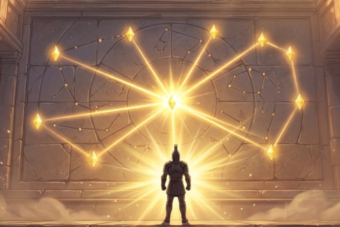 A digital illustration of a knight in armor standing before a glowing stone wall with a constellation-like pattern of golden diamond shapes connected by luminous lines.