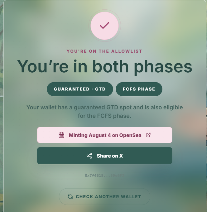A confirmation page for a wallet checker tool displaying that a wallet ending in "x39e6F2" is on the allowlist for both the "GUARANTEED · GTD" and "FCFS PHASE" of a minting event scheduled for August 4 on OpenSea, related to the @momoyumemi project.