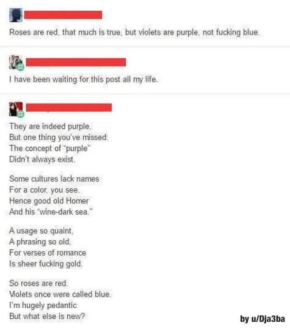A Reddit thread featuring the classic poem 'Roses are red, violets are purple, not fucking blue' and a poetic reply by u/Dja3ba about the ancient concept of purple and Homer's 'wine-dark sea.'