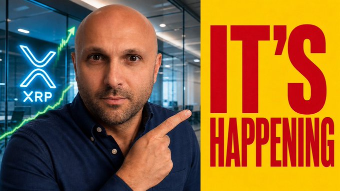 A bald man in a dark blue shirt points at the camera in front of an XRP logo and rising green chart, alongside bold red text on a yellow background reading "IT'S HAPPENING." The image visually reinforces the post's urgent message about the upcoming final passage vote timeline for XRP and Brad Garlinghouse's in-person Senate lobbying efforts.