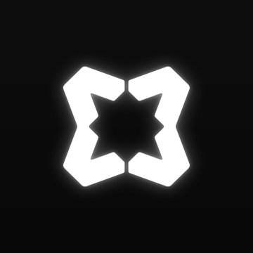 A glowing white geometric logo with an X-shaped or butterfly-like symmetrical design illuminated against a black background.