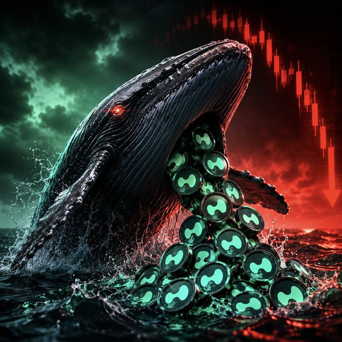 A dramatic digital artwork of a whale breaching ocean waves, releasing XRP cryptocurrency tokens from its mouth, with a red downward-trending candlestick chart in the background.