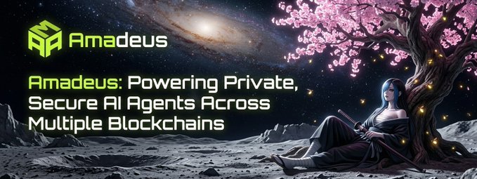 A banner for 'Amadeus: Powering Private, Secure AI Agents Across Multiple Blockchains' features the Amadeus logo and an anime-style female character with a katana sitting beneath a glowing pink cherry blossom tree on a lunar landscape.