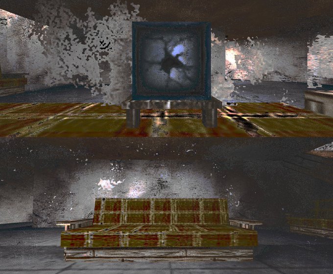 A surreal, glitchy image showing a television on a wooden shelf above a worn couch in a decaying, textured room with graffiti-covered walls.
