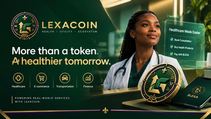 A promotional banner for "LEXACOIN" with the tagline "More than a token. A healthier tomorrow," showing a female doctor, a coin, and icons for Healthcare, E-commerce, Transportation, and Finance.