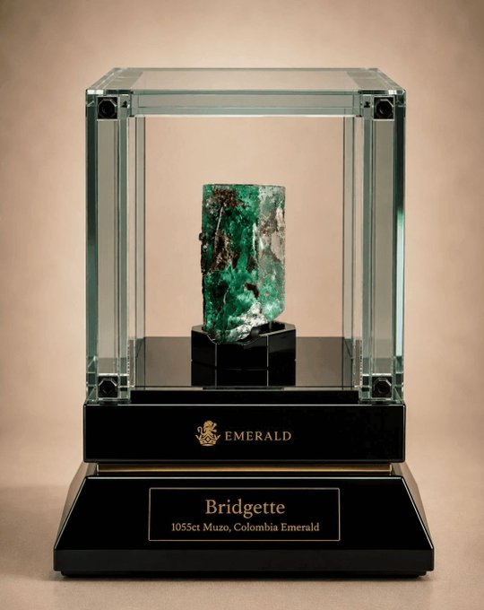 A 1055ct Muzo, Colombia Emerald named "Bridgette" is displayed in a glass case on a black base with gold trim labeled "EMERALD."