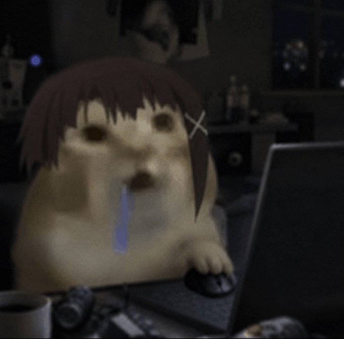 A dark, unsettling image of a creepy hamster-like creature with brown hair, X marks, and a blue drool/snot, sitting in front of a computer monitor in a dimly lit room.
