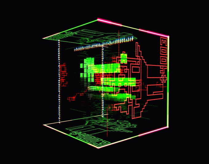 A retro-style digital rendering of a 3D cube outlined in glowing red and green lines on a black background, containing intricate green and red grid patterns and technical-looking schematics inside.