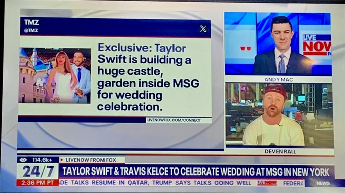 A Fox News segment displays a TMZ exclusive tweet about Taylor Swift building a castle and garden inside MSG for her wedding celebration with Travis Kelce, while on-screen text reads "TAYLOR SWIFT & TRAVIS KELCE TO CELEBRATE WEDDING AT MSG IN NEW YORK." The post links these Swift-Kelce wedding details at Madison Square Garden (MSG) to the numerology and conspiracy theory patterns referenced in the caption.