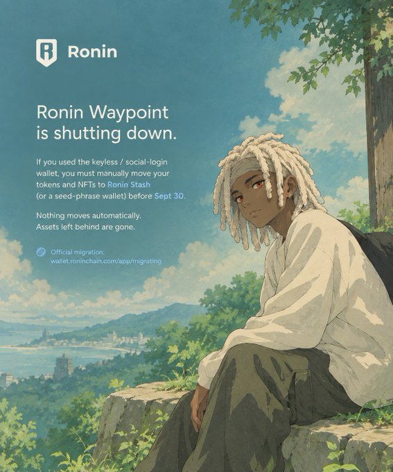 An announcement graphic states 'Ronin Waypoint is shutting down' with instructions to move assets to Ronin Stash before Sept 30, featuring an anime-style illustration of a character with white dreadlocks.