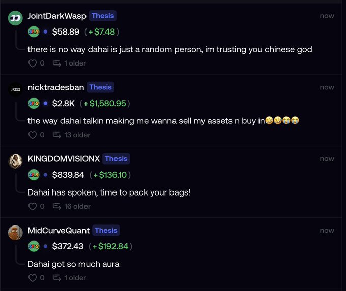 A Discord chat shows four users from the "Thesis" server reacting positively to a user named "dahai," with comments like "there is no way dahai is just a random person, im trusting you chinese god" and "Dahai has spoken, time to pack your bags!" alongside crypto gains such as +$7.48, +$1,580.95, +$136.10, and +$192.84. The image humorously supports the caption by framing "dahai" as a revered figure whose commentary drives trading decisions, similar to how "kimchi" premium is referenced.