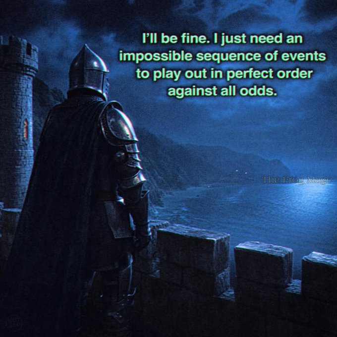 A lone armored knight stands watch on a castle battlement at night, overlooking a distant moonlit landscape. The image bears the text: "I'll be fine. I just need an impossible sequence of events to play out in perfect order against all odds," credited to "The Frog Mage," with the post's reference suggesting this humorously captures the waiting XRP holders endure as they anticipate a long-awaited price breakout.