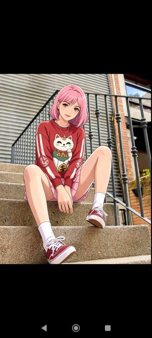 An anime-style illustration of a pink-haired girl wearing a red sweater with a lucky cat design, sitting on outdoor concrete steps wearing red sneakers and white socks.