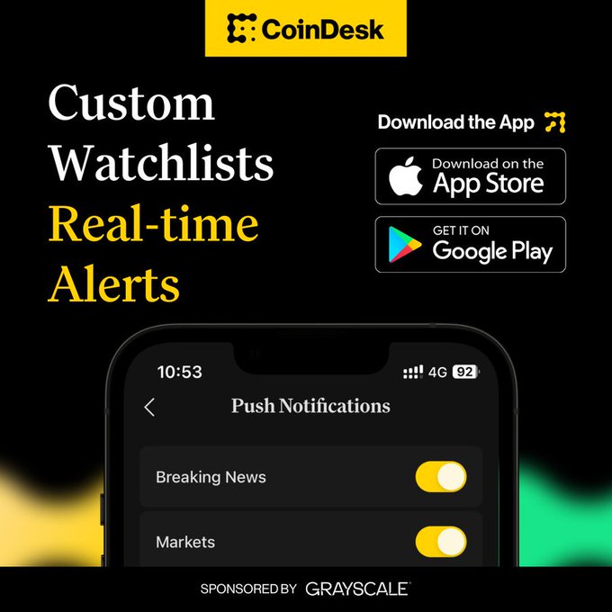 A CoinDesk app advertisement featuring "Custom Watchlists" and "Real-time Alerts" alongside App Store and Google Play download buttons, with a smartphone mockup displaying push notification toggles for Breaking News and Markets, sponsored by Grayscale.
