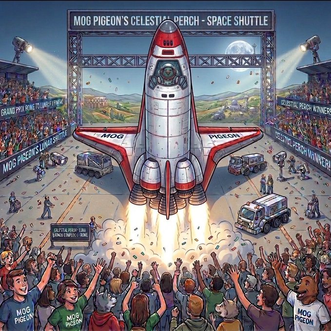 A colorful illustration depicts a space shuttle launch with 'MOG PIGEON'S CELESTIAL PERCH' banners, a cheering crowd, and 'MOG PIGEON' t-shirts.