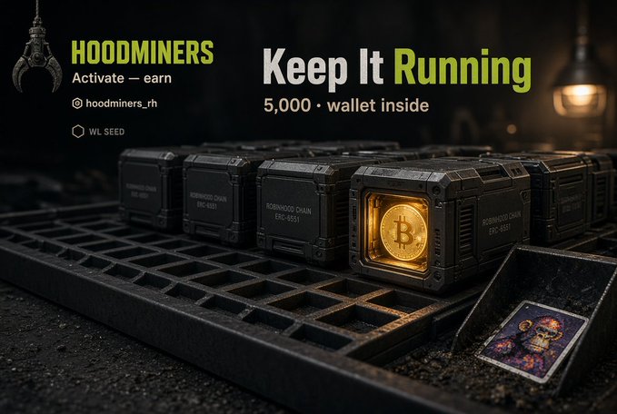 A promotional banner for 'HOODMINERS' showing industrial mining equipment with Bitcoin imagery and the tagline 'Keep It Running - 5,000 wallet inside' along with the handle 'hoodminers_rh'.