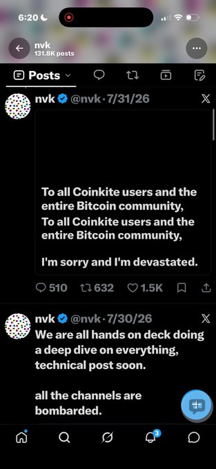 A screenshot of a tweet from "nvk" (@nvk) dated 7/31/26, where he apologizes to Coinkite users and the Bitcoin community, saying "I'm sorry and I'm devastated," likely in response to a significant issue with Coinkite. The previous tweet from 7/30/26 shows nvk stating, "We are all hands on deck doing a deep dive on everything, technical post soon. All the channels are bombarded," indicating a crisis affecting Bitcoin users, which aligns with the post's mention of Coldcard losing over 100 million and concerns about families' money and lack of empathy.