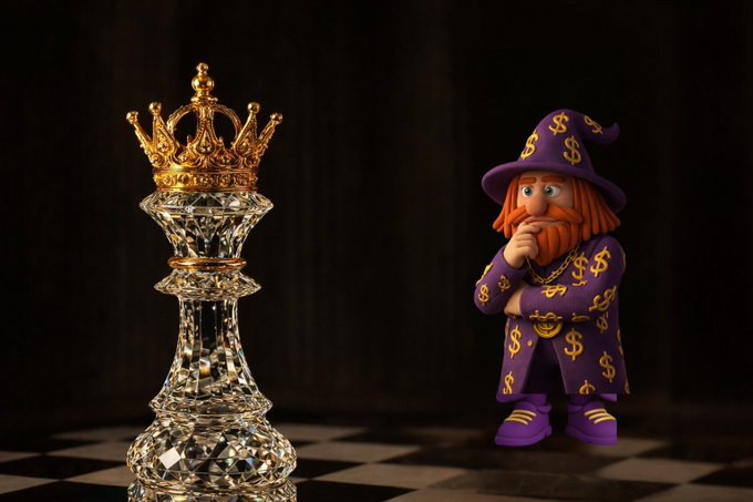 A 3D render of a leprechaun character in a purple suit covered in gold dollar signs standing next to a crystal king piece on a chessboard.
