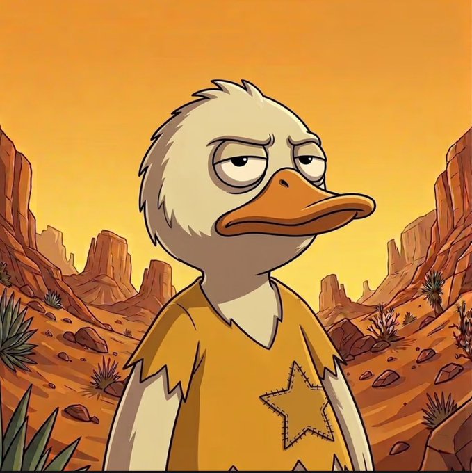 A cartoon illustration of a tired-looking duck or goose character with droopy eyes, wearing a tattered yellow shirt with a stitched star, standing in a desert landscape at sunset.