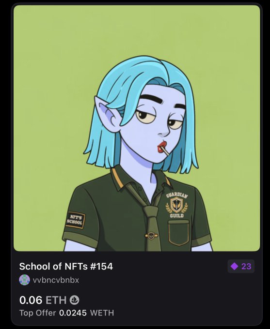 An NFT trading card titled 'School of NFTs #154' by user 'vvbncvbnbx,' featuring a cartoon character with blue hair smoking a lollipop and wearing a green uniform with 'NFT'S SCHOOL' and 'GUARDIAN GUILD' patches, priced at 0.06 ETH.
