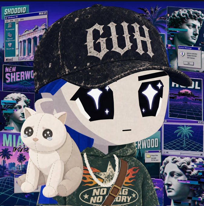 A chibi-style character wearing a 'GUU' cap and flame-patterned shirt, holding a stitched cat plush, set against a vaporwave-style background with Windows OS error messages, classical statues, and Miami/Sherwood references.
