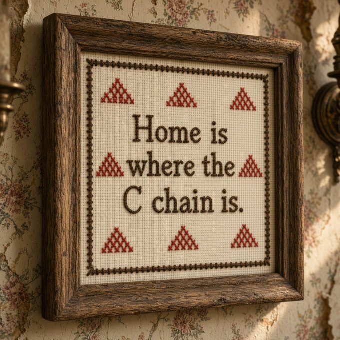 A wooden-framed cross-stitch artwork hanging on floral wallpaper, reading "Home is where the C chain is." surrounded by red triangular patterns.