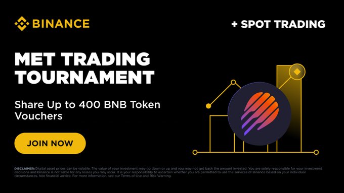 A promotional image for the "MET Trading Tournament" on Binance's Spot Trading platform, offering up to 400 BNB Token Vouchers with a "Join Now" button, featuring a stylized chart graphic with a glowing orb alongside the post's call-to-action to participate.