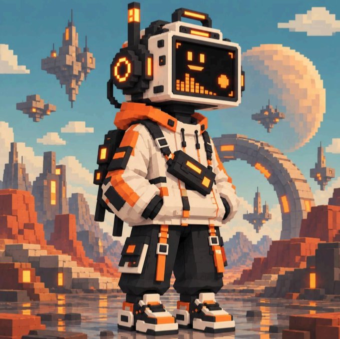 A pixel art illustration of a character with a TV-like head showing a smiley face and audio visualizer, wearing a white and orange jacket with backpack, standing in a pixelated landscape with floating structures and a large moon.