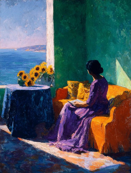 An impressionist-style painting depicting a woman in a purple dress reading on a yellow couch, with a vase of sunflowers on a blue-clothed table beside a window overlooking the sea.