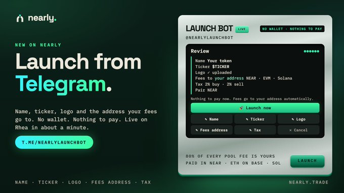 A promotional graphic for 'nearly.' features 'Launch from Telegram.' text alongside a screenshot of the LAUNCH BOT interface with options for Name, Ticker, Logo, Fees address, and Tax.