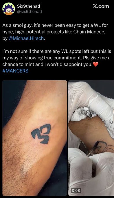An X.com post by Six9thenad requesting a whitelist spot for Chain Mancers, featuring images of someone getting a small black heart-shaped tattoo.