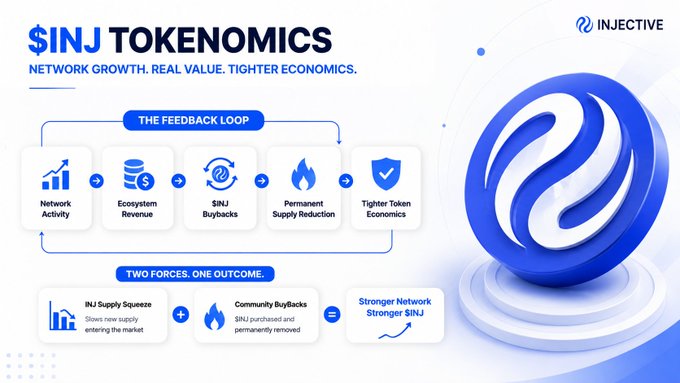 An Injective cryptocurrency infographic titled '$INJ TOKENOMICS' illustrating the feedback loop of network activity, ecosystem revenue, buybacks, supply reduction, and tighter token economics.