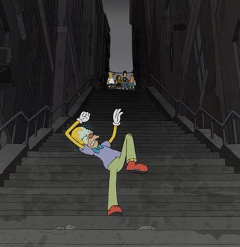 The image features a cartoon character, specifically Homer Simpson, who has fallen down some stairs while holding his hand up in the air. The scene takes place in an urban setting, with a group of people standing nearby. There are also several cars visible in the background, suggesting that this might be a street scene or parking lot. The image is related to the post because it appears to be a part of a series featuring Homer Simpson and his friends from the TV show "The Simpsons".