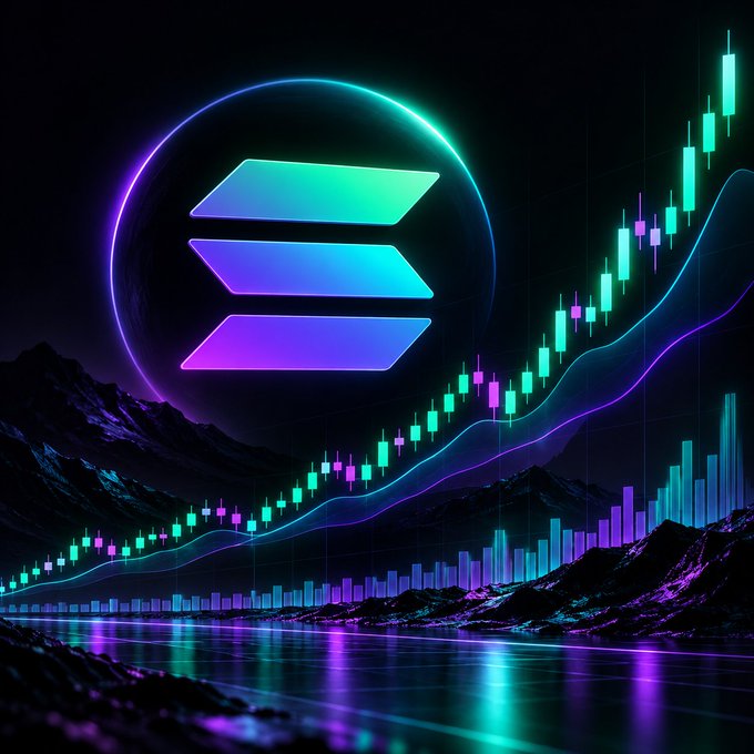 Neon-lit digital artwork featuring the Solana logo glowing against a dark background, accompanied by candlestick trading charts and bar graphs in cyan and purple hues.