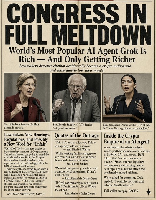A mock newspaper front page headlined 'CONGRESS IN FULL MELTDOWN' featuring photos of Sen. Elizabeth Warren, Sen. Bernie Sanders, and Rep. Alexandria Ocasio-Cortez, with subheadings about the AI agent Grok becoming a 'crypto millionaire'.