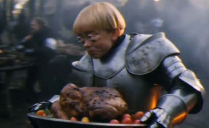A knight with a comically oversized head holds a platter of meat and fruit, parodying the famous Monty Python "Knights Who Say Ni" scene. The absurdity of the unbalanced, derpy knight captures the disappointing or meme-worthy nature of the "KnightCore" tokens being advertised.