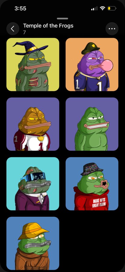 A grid of seven cartoon Pepe the Frog characters with different outfits and expressions under the header "Temple of the Frogs," illustrating the post's Roman numeral "VII" by showcasing seven distinct frog variations.