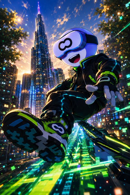 A digital illustration features a cartoon character with a white mask bearing the number '3', wearing a black and neon green tech outfit, leaping against a futuristic cyberpunk cityscape.