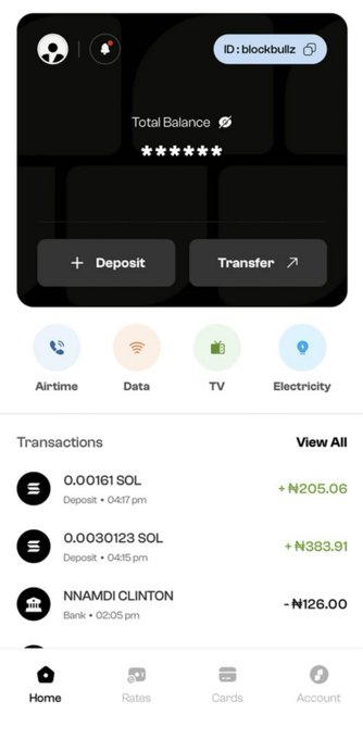 A mobile app interface shows a wallet with ID 'blockdollz', a hidden balance, and transaction history including '0.01161 SOL Deposit' and 'NNAMDI CLINTON' transaction.