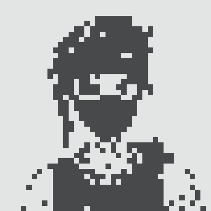 A pixelated black and white portrait of a hooded figure whose face is partially obscured by digital glitch effects.
