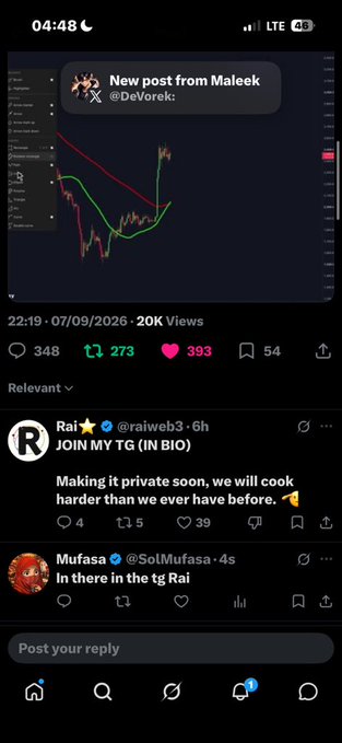 A mobile screenshot of an X (Twitter) post by Maleek @DeVorek showing a crypto trading chart, with engagement metrics and a reply from Rai @raiweb3 advertising a private Telegram group.