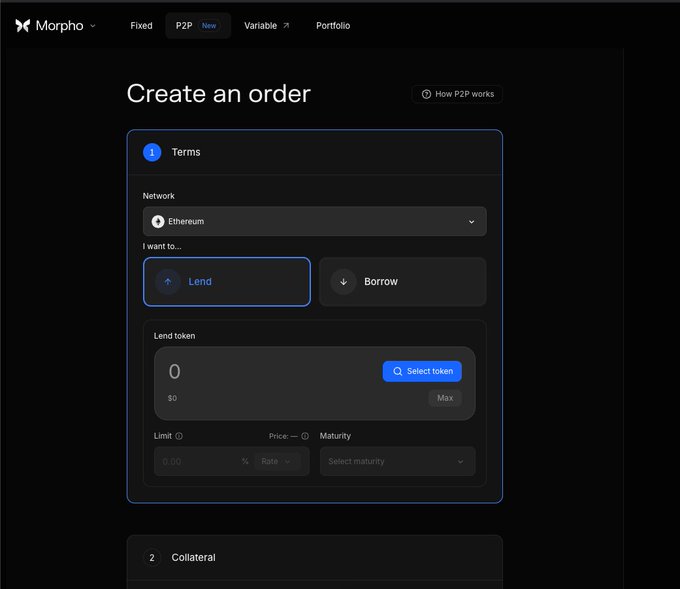 A screenshot of the Morpho protocol interface showing a "Create an order" page with options to Lend or Borrow on the Ethereum network, including fields for token selection, rate, and maturity.
