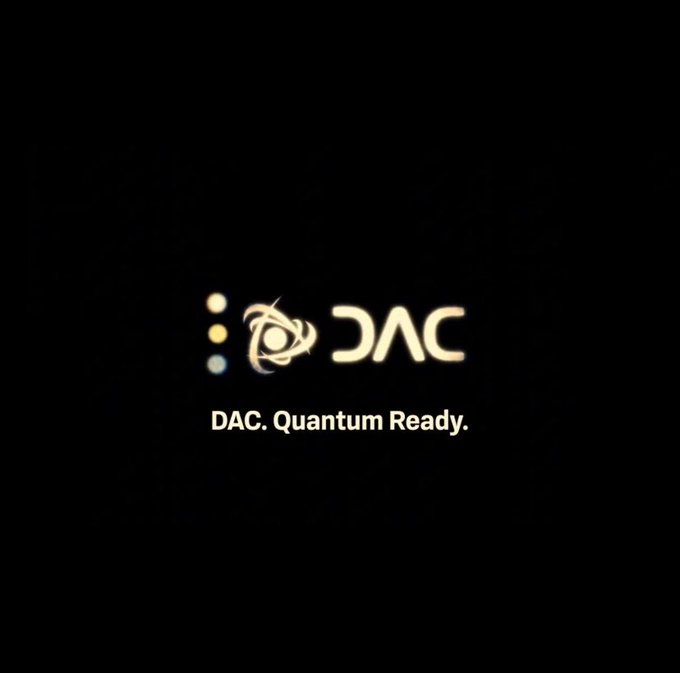 A black screen displaying the DAC logo with three colored dots and the tagline 'DAC. Quantum Ready.' in white text.
