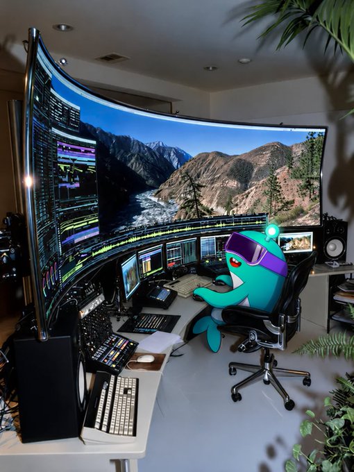 A teal cartoon character wearing purple goggles sits at an elaborate gaming and editing workstation with curved monitors displaying a mountain landscape.