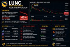A financial overview graphic for LUNC (Terra Luna Classic) for July 2026, showing a declining price chart and a -15% loss in 30 days.