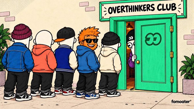 A cartoon illustration titled 'OVERTHINKERS CLUB' shows a line of people waiting outside a green door, with only one smiling person inside.